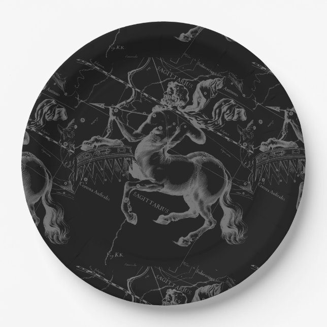 Sagittarius Constellation Hevelius 1690 on black Paper Plates (Front)