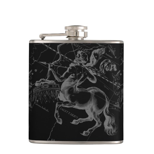 Sagittarius Constellation Hevelius Map on Black Hip Flask (Front)