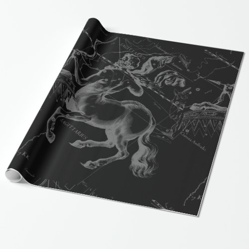 Sagittarius Constellation Hevelius Map on Black Wrapping Paper