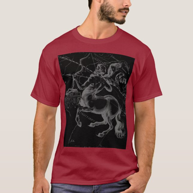 Sagittarius Constellation Map by Hevelius on Black T-Shirt (Front)