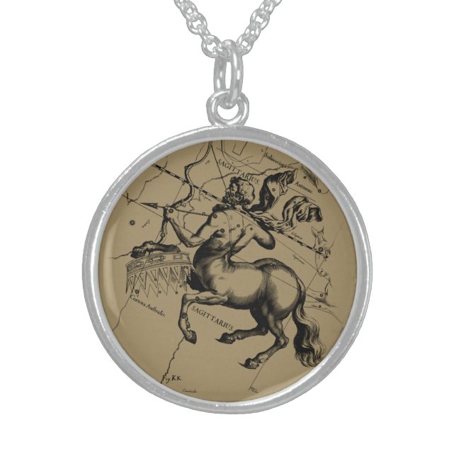 Sagittarius Constellation Map by Hevelius Sterling Silver Necklace (Front)