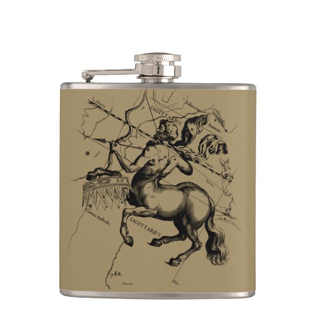 Sagittarius Constellation Map Engraving Hevelius Hip Flask (Front)