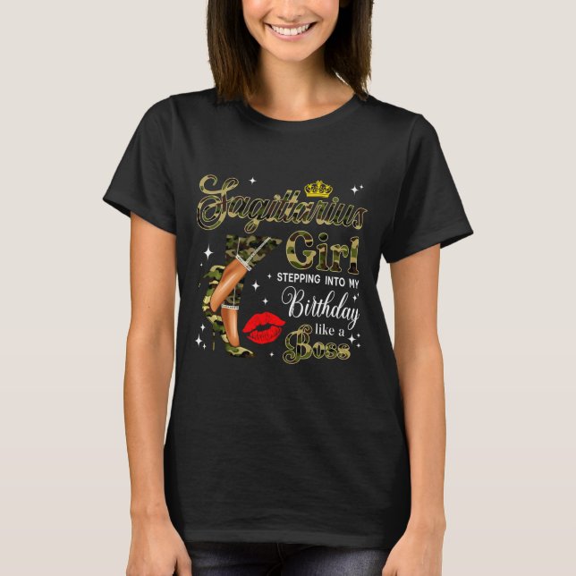Sagittarius Girl Camouflage Black Woman Camo Heels T-Shirt (Front)