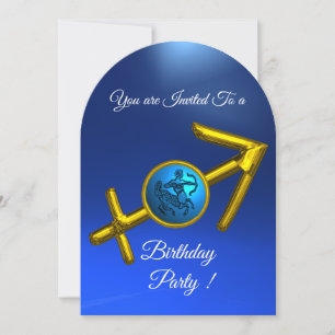 SAGITTARIUS Gold Aqua Blue Zodiac Birthday Party Invitation
