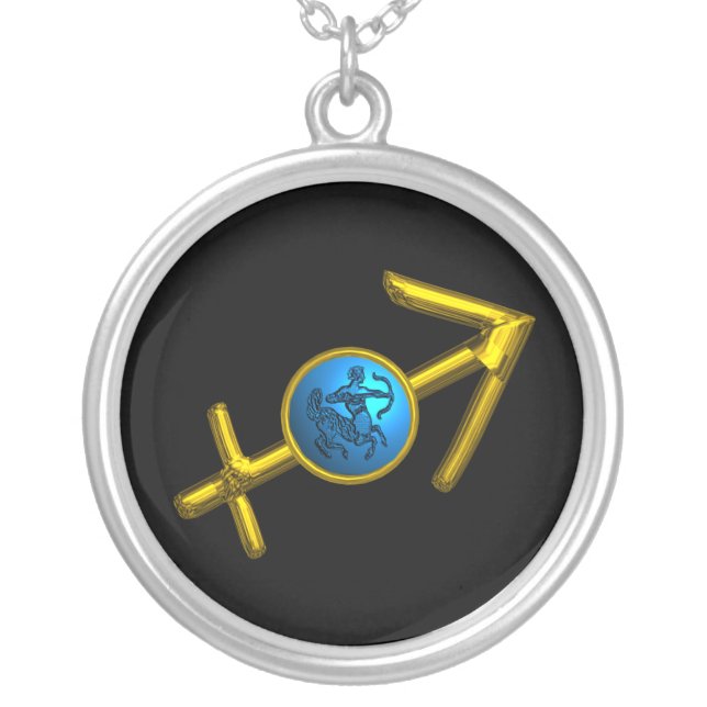 SAGITTARIUS,GOLD BLUE ZODIAC BIRTHDAY SIGN SILVER PLATED NECKLACE (Front)