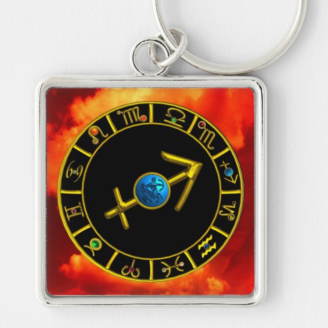 SAGITTARIUS Gold Blue Zodiac Jewel Astrology Chart Keychain (Front)