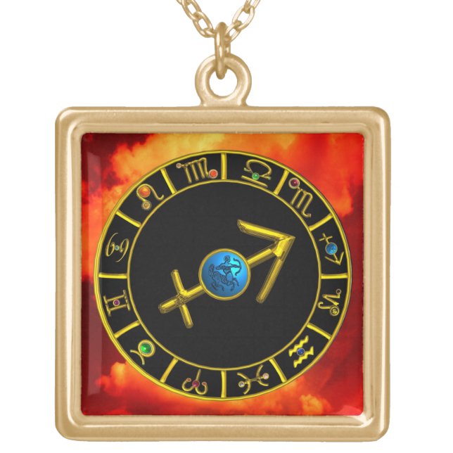 SAGITTARIUS Gold Blue Zodiac Jewel Astrology Chart Plated Necklace (Front)