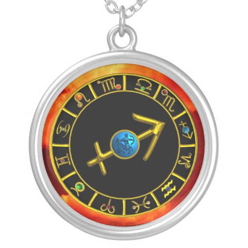 SAGITTARIUS Gold Blue Zodiac Jewel Astrology Chart Silver Plated Necklace