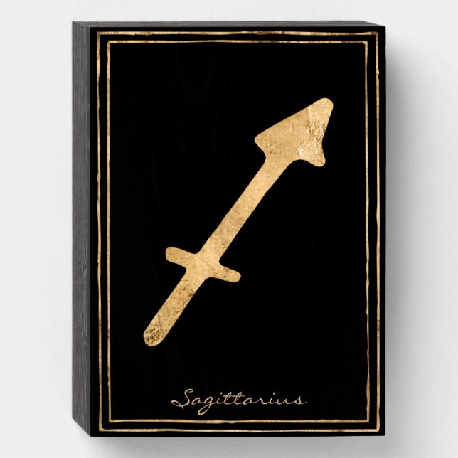 Sagittarius hammered gold stylized astrology wooden box sign (Front Vertical)
