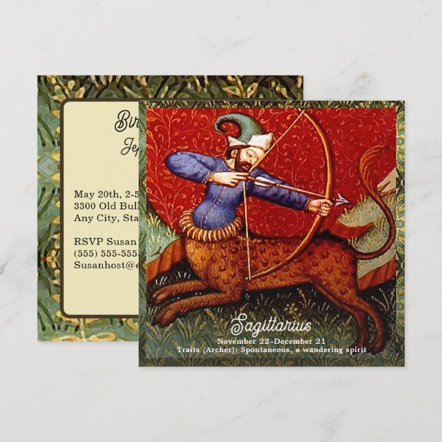 Sagittarius Horoscope Zodiac Medieval Art Birthday Invitation (Front/Back)