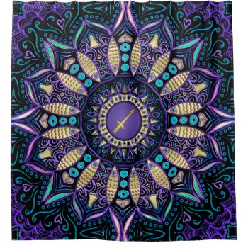 Sagittarius Purple Black Mandala Shower Curtain by UROCKSymbology at Zazzle