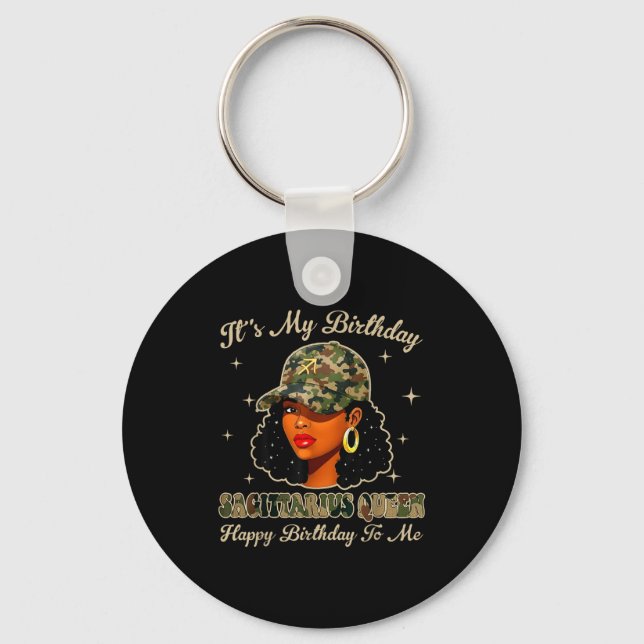 Sagittarius Queen Black Woman With Cap Camo Afro G Keychain (Front)