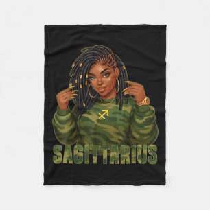 Sagittarius Queen Locd Black Woman Camo Zodiac Sig Fleece Blanket