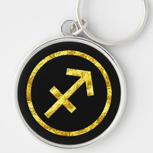  Sagittarius Sign Black Circle Hammered Gold Look Keychain
