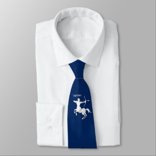 Sagittarius Silver Archer Zodiac Navy Blue Tie