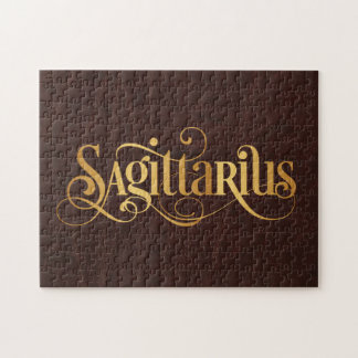 Sagittarius Swirly Script Gold on Leather Jigsaw Puzzle