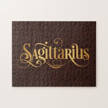Sagittarius Swirly Script Gold On Leather Jigsaw Puzzle by Hakonart at Zazzle