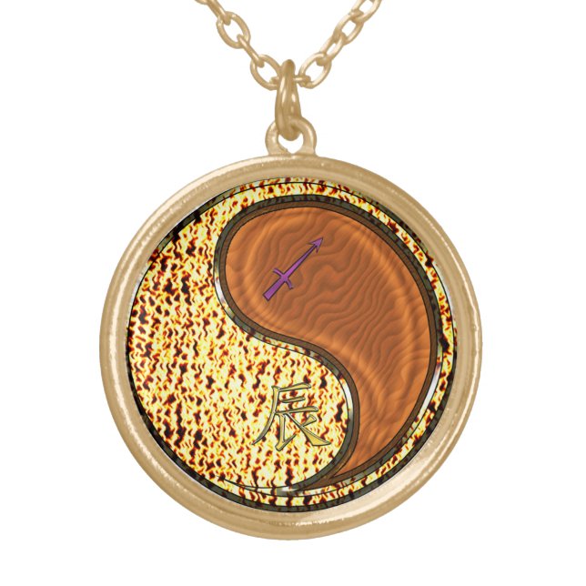 Sagittarius & Wood Dragon Gold Plated Necklace (Front)
