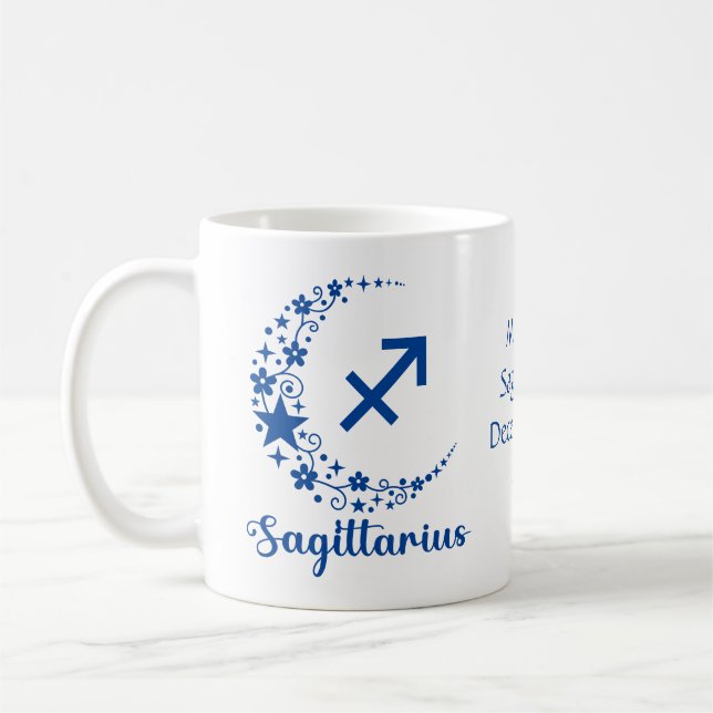 Sagittarius Zodiac Astrology Birthday Blue White Coffee Mug (Left)