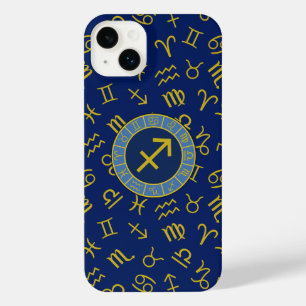Sagittarius Zodiac+Astrology Symbols Ptn Gld+Blues iPhone 14 Plus Case