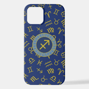 Sagittarius Zodiac+Astrology Symbols Ptn Gld+Blues iPhone 12 Case