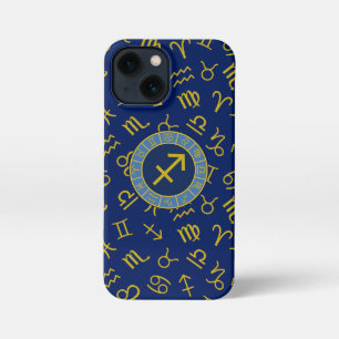 Sagittarius Zodiac+Astrology Symbols Ptn Gld+Blues iPhone 13 Mini Case