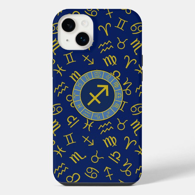 Sagittarius Zodiac+Astrology Symbols Ptn Gld+Blues iPhone Case (Back)