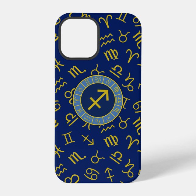 Sagittarius Zodiac+Astrology Symbols Ptn Gld+Blues iPhone Case (Back)