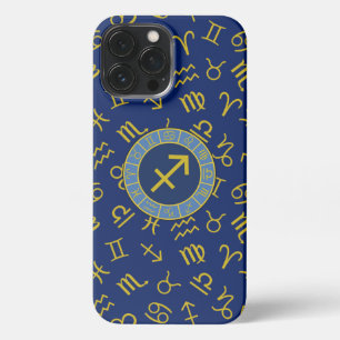 Sagittarius Zodiac+Astrology Symbols Ptn Gld+Blues iPhone 13 Pro Max Case