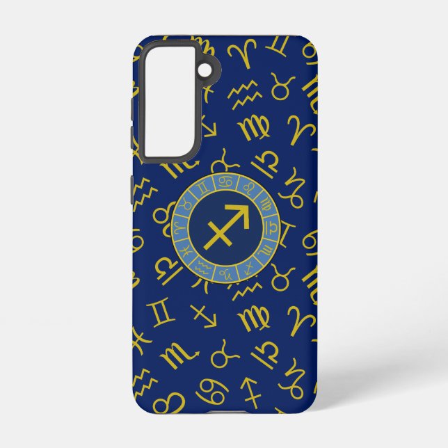 Sagittarius Zodiac+Astrology Symbols Ptn Gld+Blues Samsung Galaxy Case (Back)