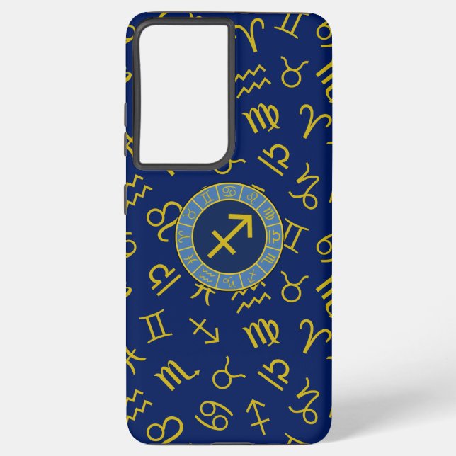 Sagittarius Zodiac+Astrology Symbols Ptn Gld+Blues Samsung Galaxy Case (Back)