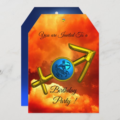 SAGITTARIUS Zodiac Birthday Gold BlueFire Clouds Invitation