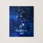 Sagittarius Zodiac Constellation Galaxy Monogram Jigsaw Puzzle<br><div class="desc">Sagittarius Zodiac Constellation Galaxy Monogram Design With trendy Brushed Script Font, Dark blue celestial watercolor background texture, Glowing star constellation, and The Centaur symbol. Modern Astrological Sign Birth Horoscope, is perfect for any Sagittarian Birthday From November 22 - December 21 ! With Optional Monogrammed First Middle and Last name Initial...</div>