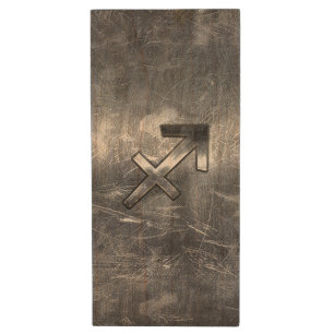 Sagittarius Zodiac Grunge Distressed Steel Style Wood Flash Drive
