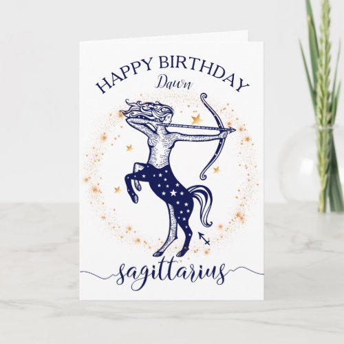Sagittarius Zodiac Navy Gold Monochrome Birthday Card
