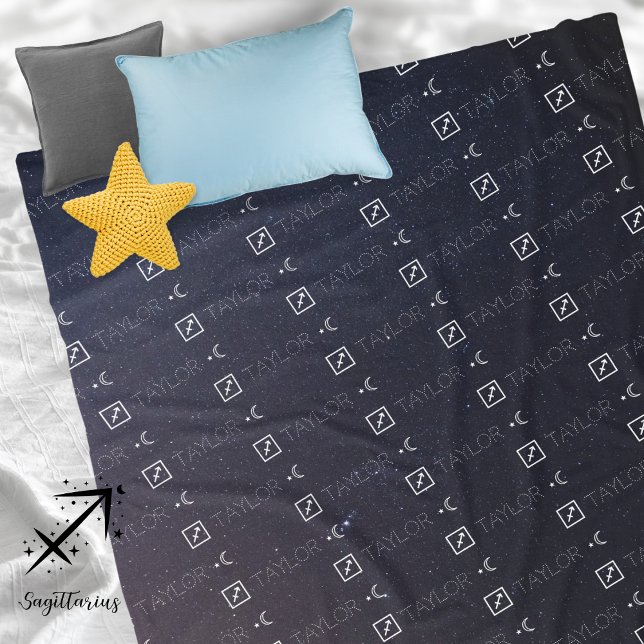 Sagittarius Zodiac Sign Constellation Astrology Fleece Blanket (Sagittarius Zodiac Sign Symbol Personalized Repeating Name Seamless Pattern Starry Night Sky Moon 
)
