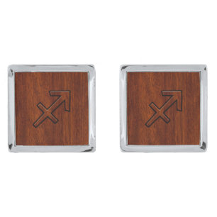 Sagittarius Zodiac Sign in Mahogany Brown Style Silver Cufflinks