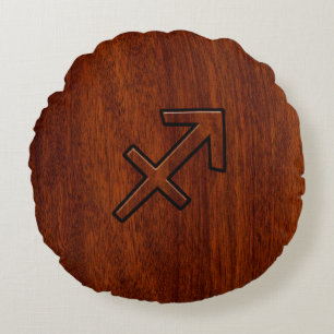 Sagittarius Zodiac Sign in Mahogany Wood Style Round Pillow