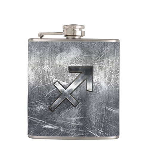 Sagittarius Zodiac Sign in Silver Steel look Hip Flask