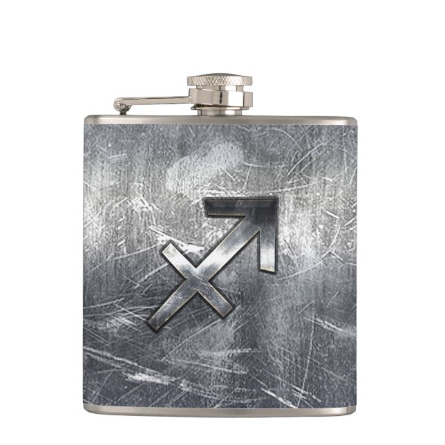 Sagittarius Zodiac Sign in Silver Steel look Hip Flask (Front)