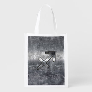 Sagittarius Zodiac Sign in Silver Steel look Reusable Grocery Bag