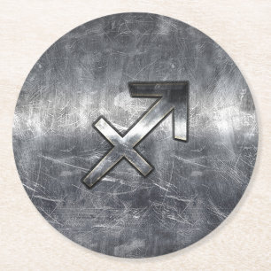 Sagittarius Zodiac Sign in Silver Steel look Round Paper Coaster
