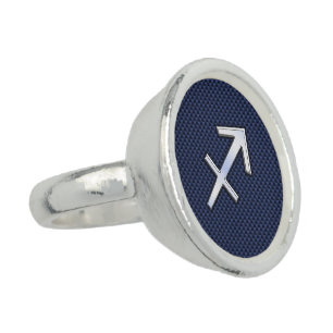 Sagittarius Zodiac Sign on Blue Carbon Fiber Decor Ring