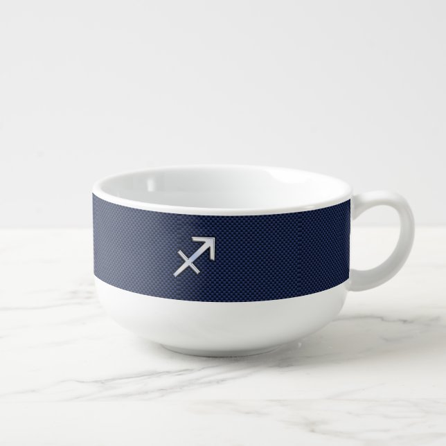 Sagittarius Zodiac Sign on Blue Carbon Fiber Decor Soup Mug (Left)