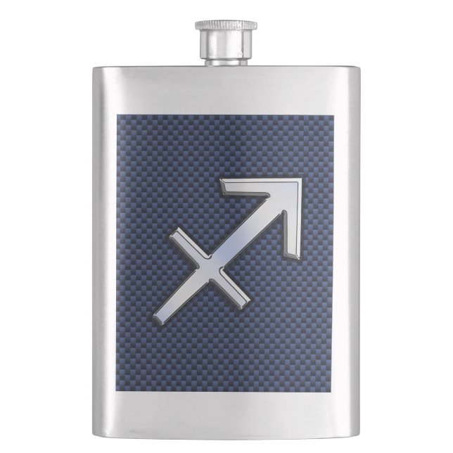 Sagittarius Zodiac Sign on Blue Carbon Fiber Style Flask (Front)