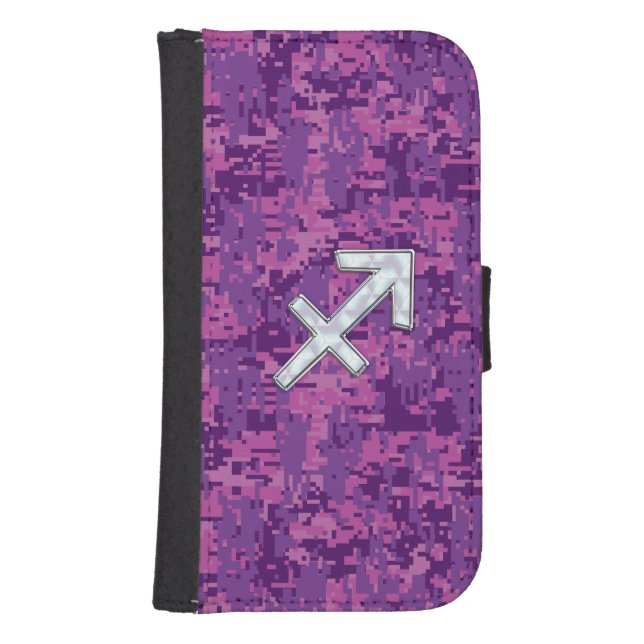 Sagittarius Zodiac Sign on Fuchsia Digital Camo Samsung Galaxy Wallet Case (Front)