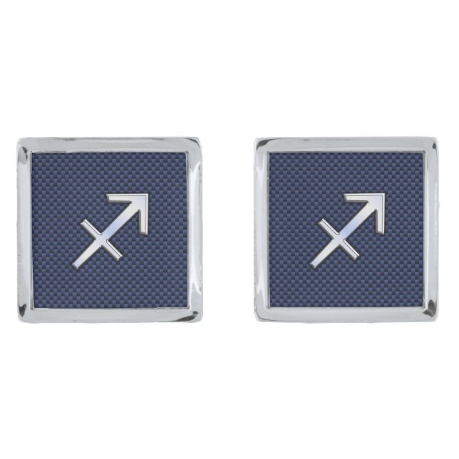 Sagittarius Zodiac Sign on Navy Carbon Fiber Print Cufflinks (Front)