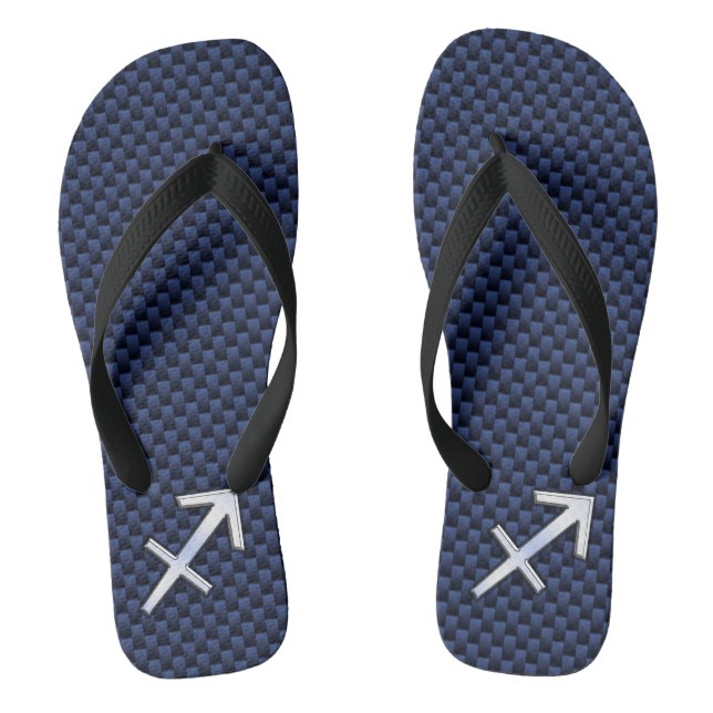 Sagittarius Zodiac Sign on Navy Carbon Fiber Print Flip Flops (Footbed)