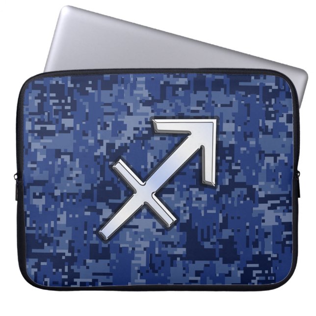 Sagittarius Zodiac Sign on Navy Digital Camo Laptop Sleeve (Front)