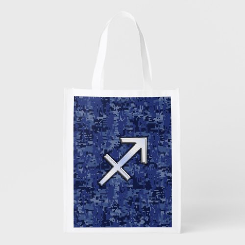 Sagittarius Zodiac Sign on Navy Digital Camo Reusable Grocery Bag